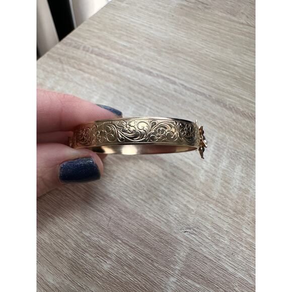 Antique Gold Tone Engraved Infant Baby Bangle Bracelet - 2" Multi Stone Pearl - Picture 4 of 8